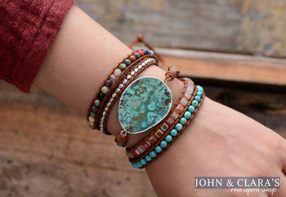 Handmade Natural Ocean Jasper Leather Wrap Bracelet