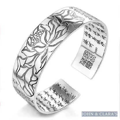 Buddhist Lotus & Heart Sutra Bangle Bracelet
