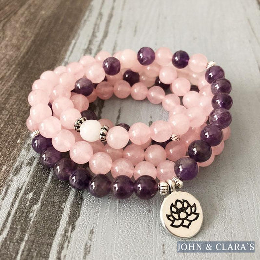 108 Natural Rose Quartz & Amethyst Mala Beads