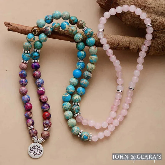 108 Rose Quartz, Turquoise & Purple Jasper Mala Bead Bracelet