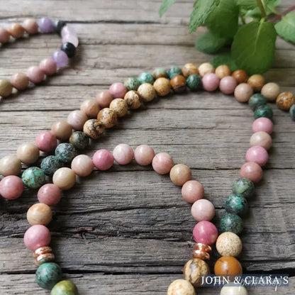 108 Natural Rhodonite African Turquoise & Rose Quartz Mala Bead Necklace