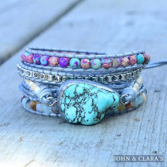 Handmade Turquoise, Jasper & Amazonite Leather Wrap Bracelet
