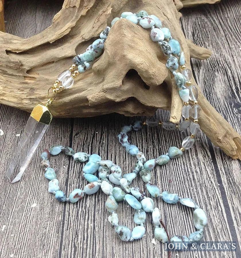 Natural Larimar & Clear Quartz Gemstone Necklace