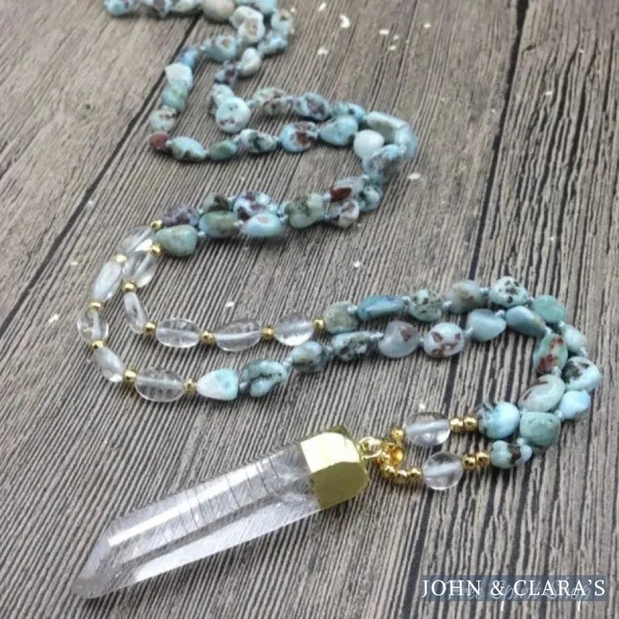 Natural Larimar & Clear Quartz Gemstone Necklace