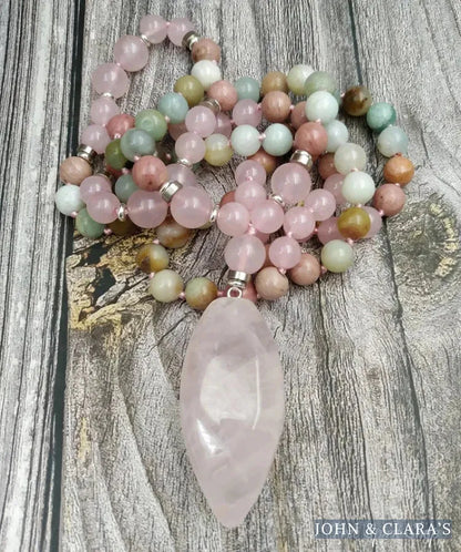 108 Natural Amazonite Rose Quartz & Rhodonite Mala Necklace