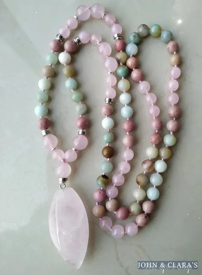 108 Natural Amazonite Rose Quartz & Rhodonite Mala Necklace