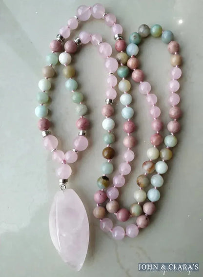 108 Natural Amazonite Rose Quartz & Rhodonite Mala Necklace