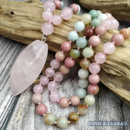 108 Natural Amazonite Rose Quartz & Rhodonite Mala Necklace