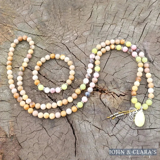 108 Olive Jade Sunstone & Pink Opal Mala Bead Necklace / Bracelet