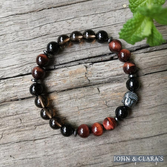 Natural Red Tiger Eye Black Onyx & Smokey Quartz Bead Bracelet