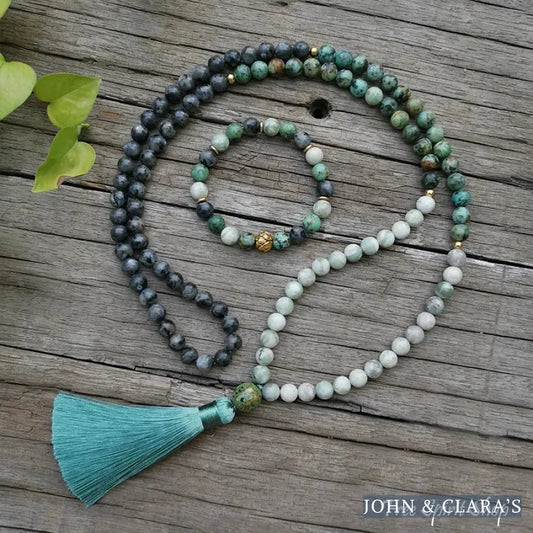 108 Natural African Turquoise Labradorite & Green Jade Mala Necklace / Bracelet