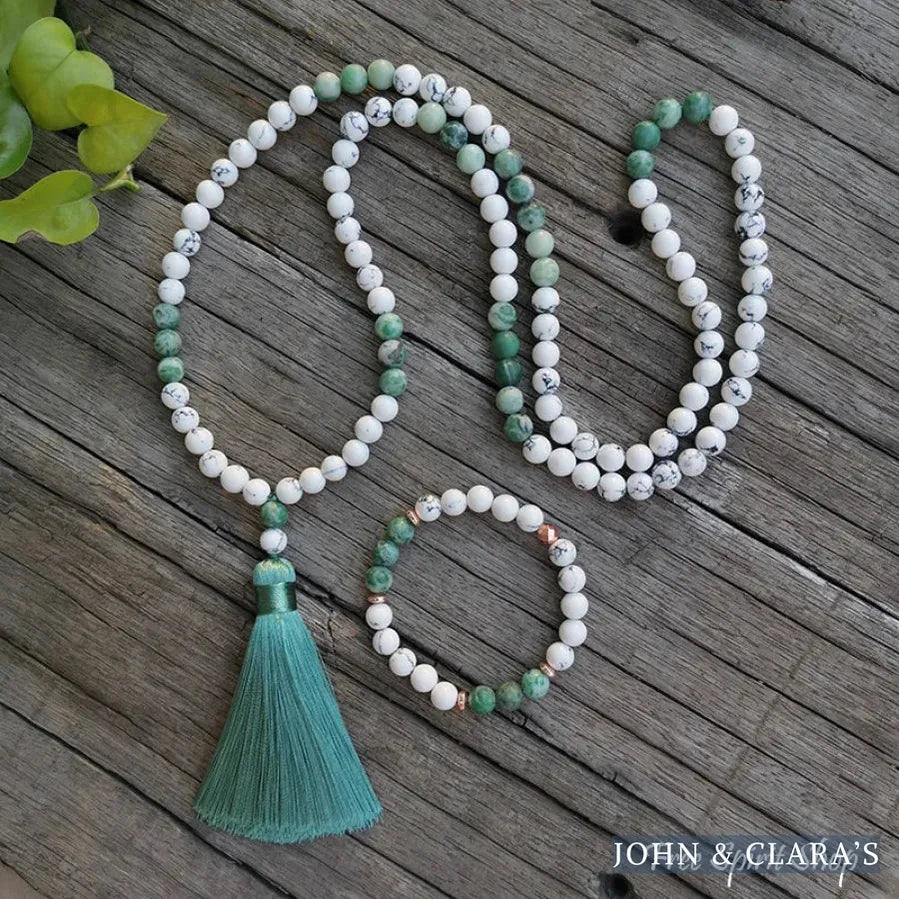 108 Natural Howlite & Green Jasper Mala Bead Necklace & Bracelet