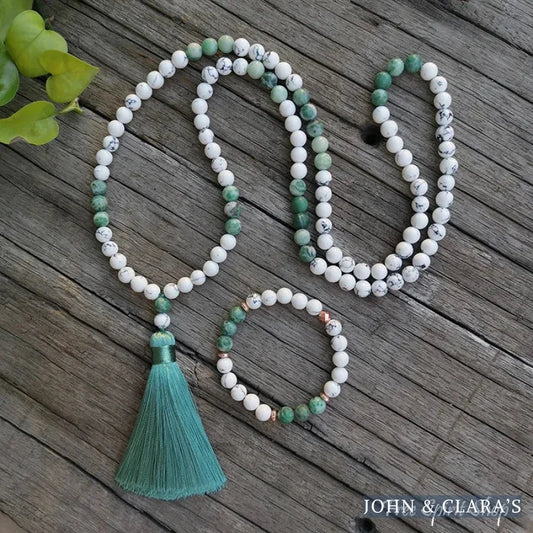 108 Natural Howlite & Green Jasper Mala Bead Necklace & Bracelet
