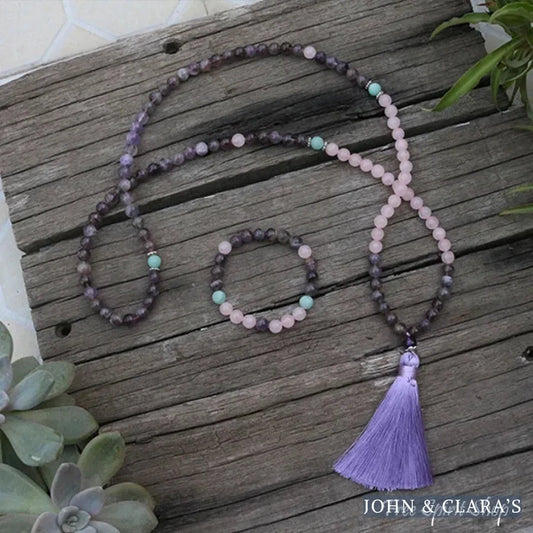108 Natural Rose Quartz & Amethyst Mala Beads Necklace / Bracelet