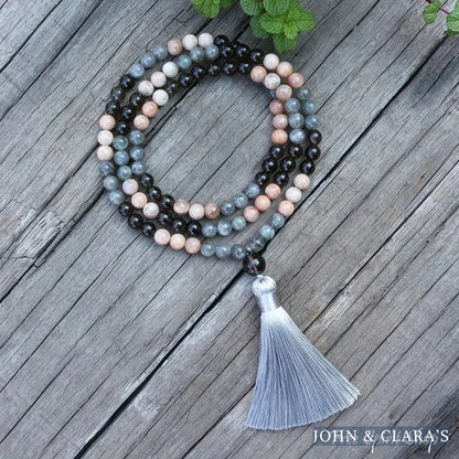 108 Natural Sunstone Labradorite & Smoky Quartz Mala Beads