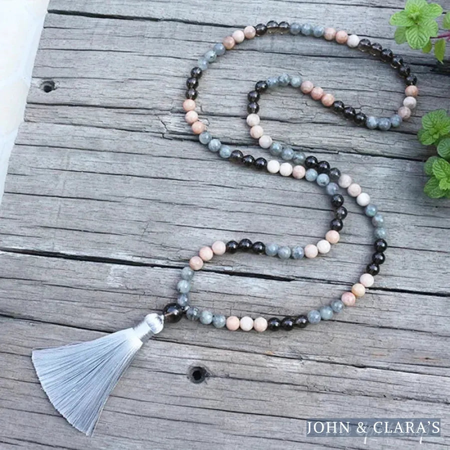 108 Natural Sunstone Labradorite & Smoky Quartz Mala Beads