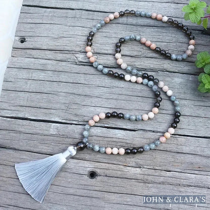 108 Natural Sunstone Labradorite & Smoky Quartz Mala Beads