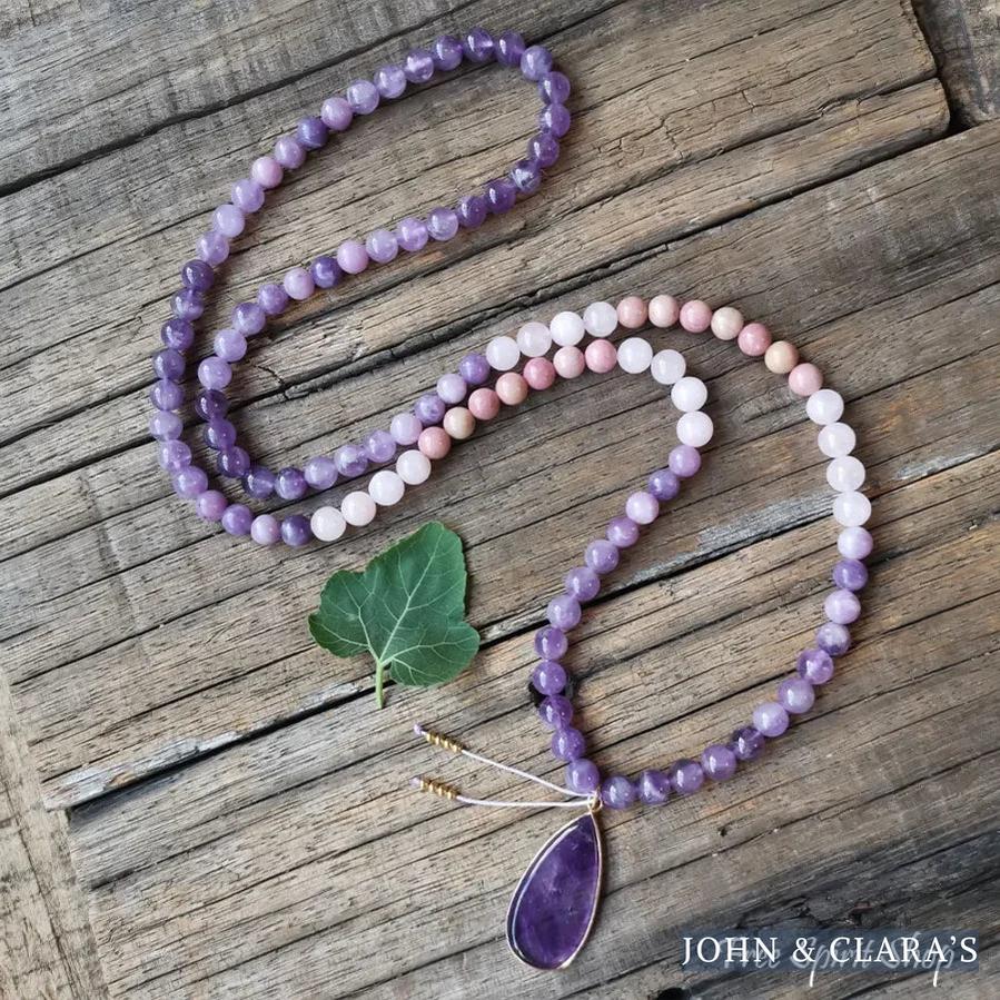 108 Natural Amethyst Rose Quartz & Rhodonite Mala Bead Necklace