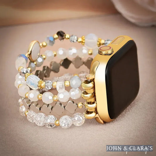 White Crystal Glow Beaded Apple Watch Band with Clover Charms
