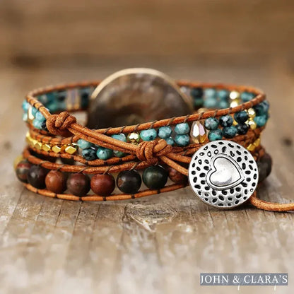 Natural Ammonite Fossil Jasper & African Turquoise Wrap Bracelet