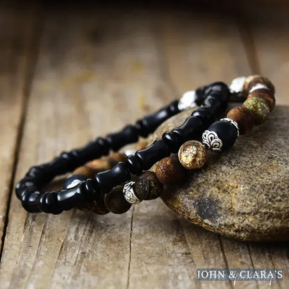 Natural Black Onyx & Picture Jasper Bracelet Set