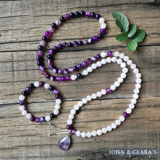 108 Purple Stripe Onyx Rose Quartz & Amethyst Mala Bead Necklace