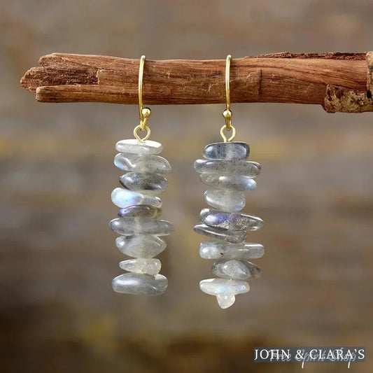 Natural Labradorite Stone Stacked Drop Earrings