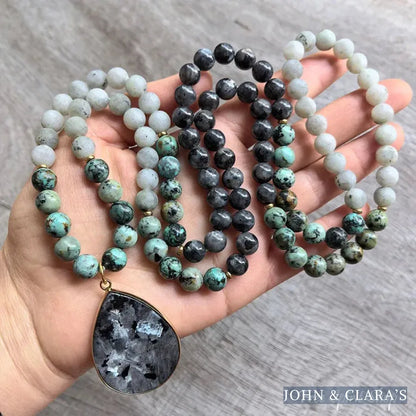 108 Natural Black Labradorite & African Turquoise Mala Bead Necklace