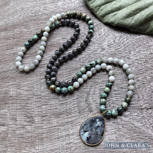 108 Natural Black Labradorite & African Turquoise Mala Bead Necklace