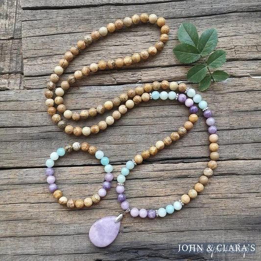108 Natural Picture Jasper Amazonite & Lepidolite Mala Bead Necklace