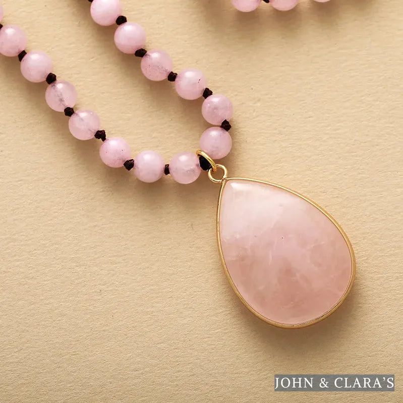 108 Natural Rose Quartz Mala Bead Necklace With Teardrop Pendant