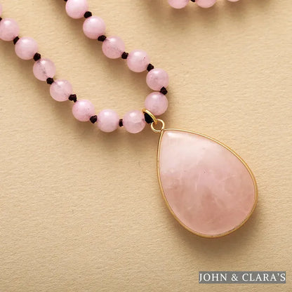 108 Natural Rose Quartz Mala Bead Necklace With Teardrop Pendant