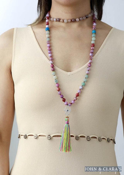108 Purple Jasper Amazonite & Agate Hamsa Hand Mala Bead Necklace