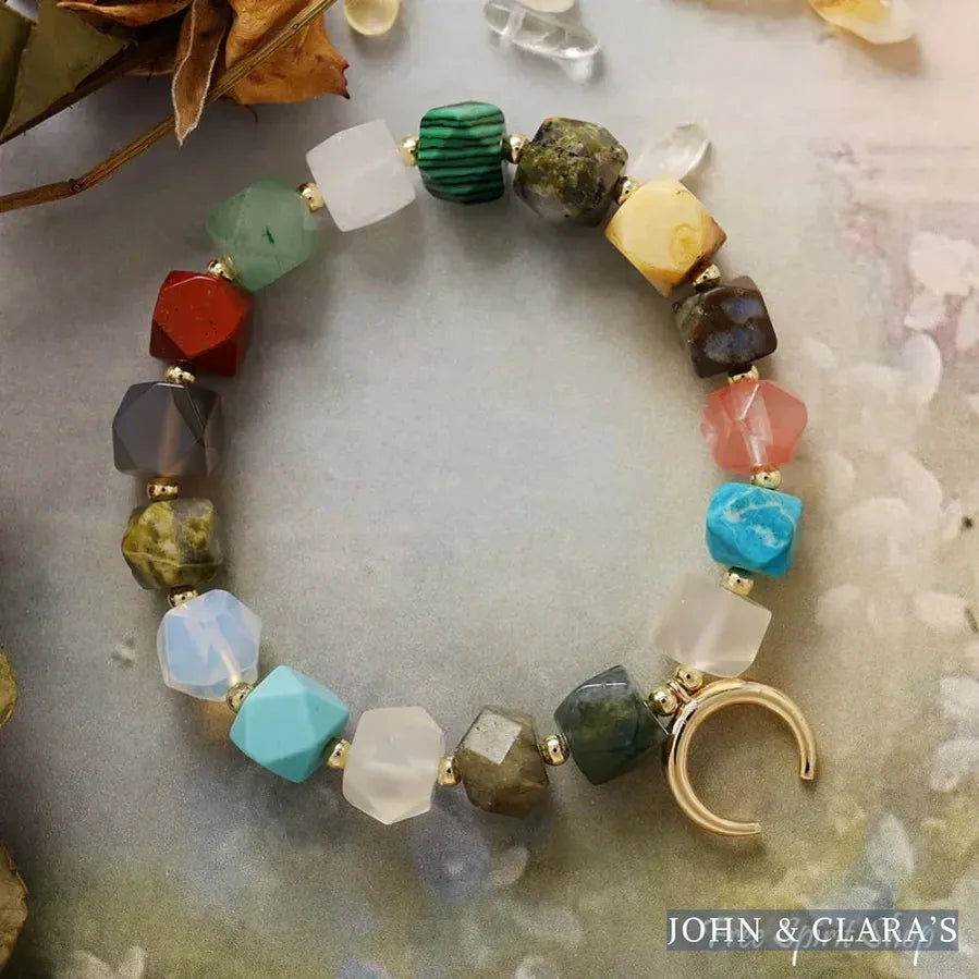 Multi-Gemstone Chakra Bracelet with Crescent Moon Charm