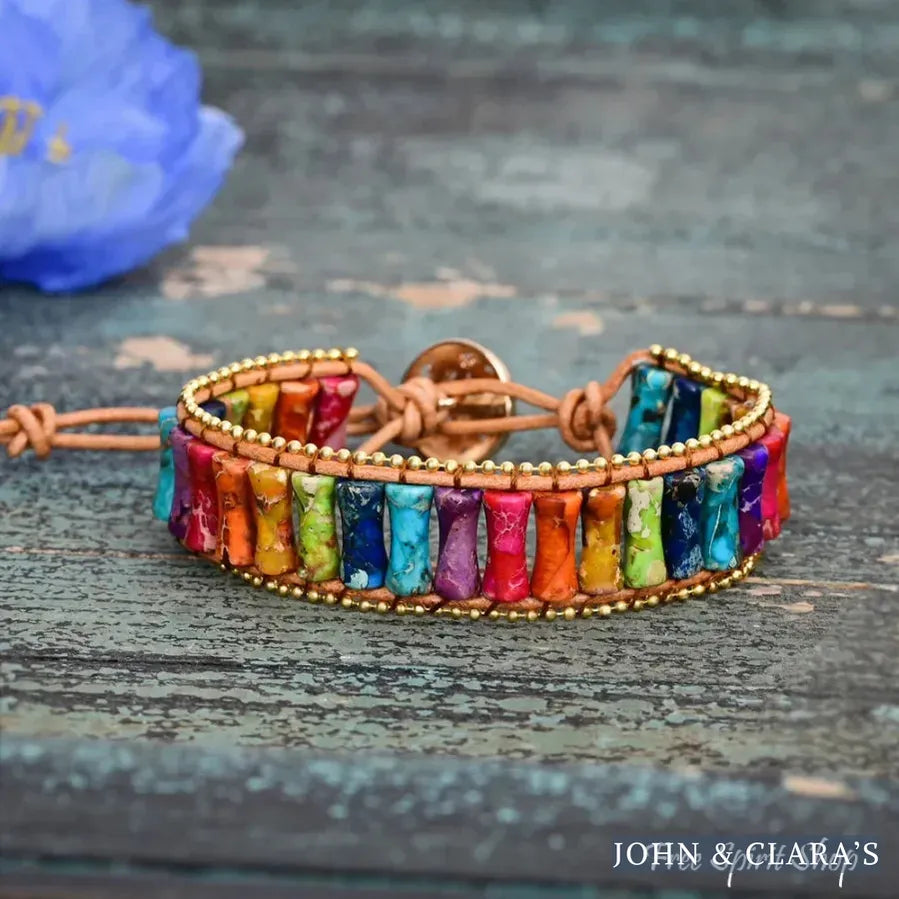 7 Chakra Jasper Tube Bead Leather Bracelet