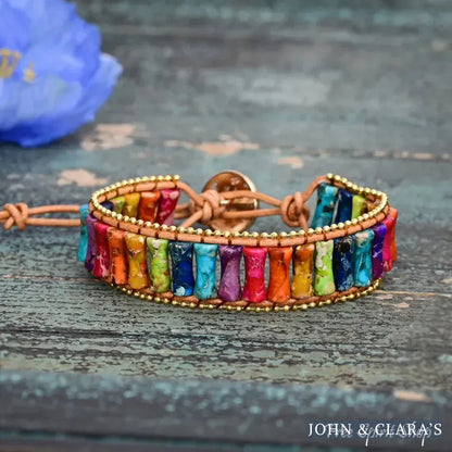 7 Chakra Jasper Tube Bead Leather Bracelet