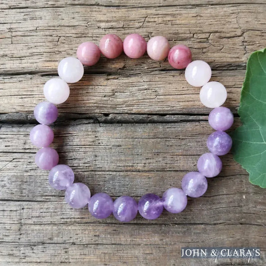 Natural Amethyst Rose Quartz & Rhodonite Bead Bracelet