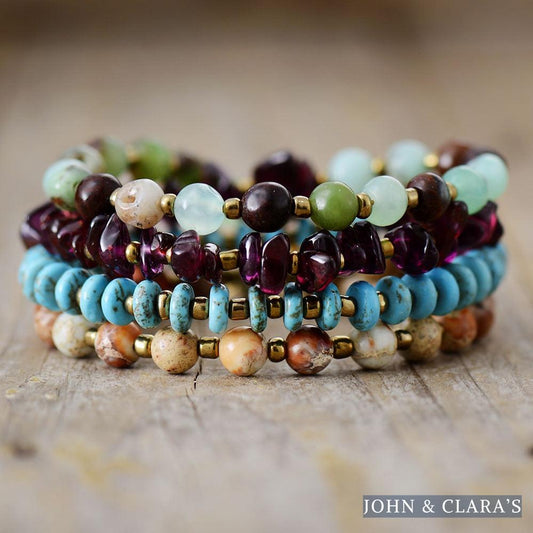 Turquoise Jasper Amethyst & Green Jade Multi-Row Bead Bracelet