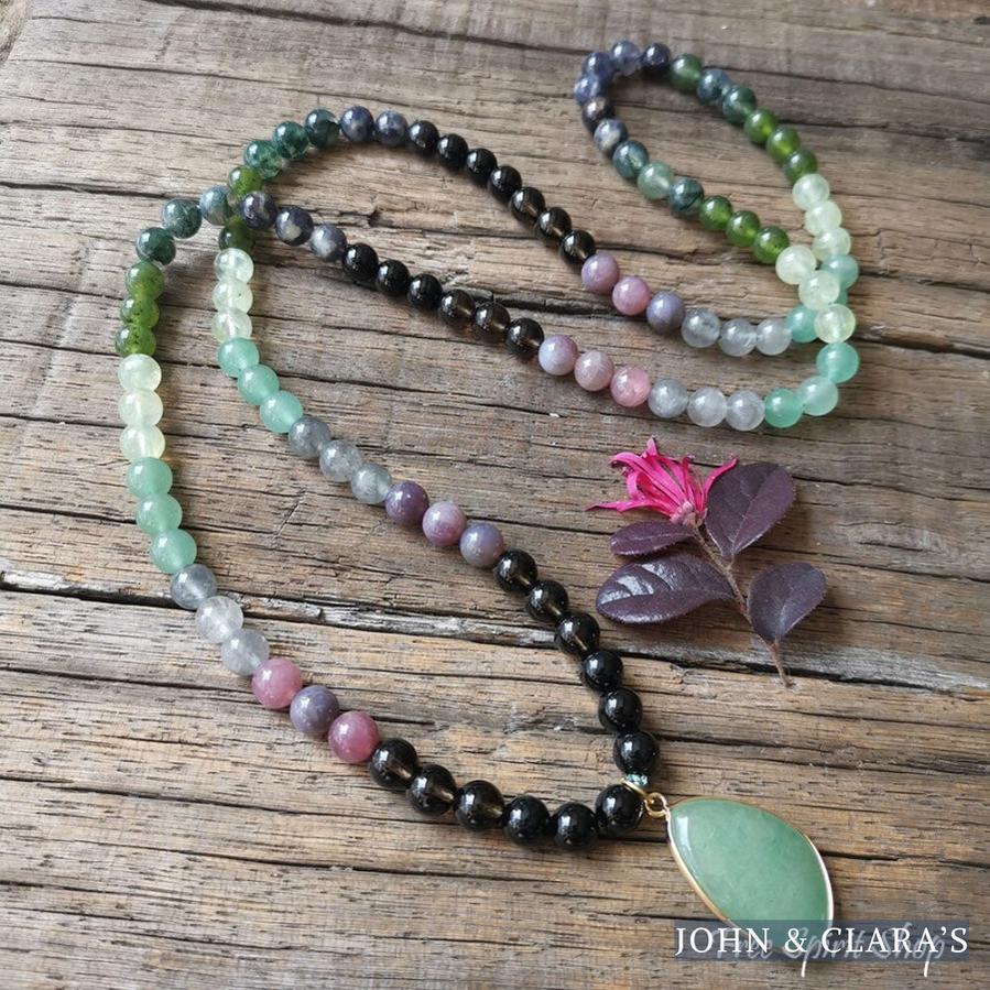 108 Natural Green Aventurine Smokey Quartz & Lepidolite Mala Bead Necklace