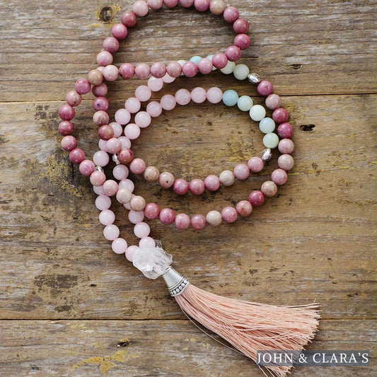 108 Natural Rhodonite Rose Quartz Amazonite & Clear Quartz Mala Bead Necklace