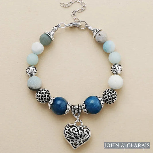 Natural Blue Apatite & Amazonite Heart Charm Bracelet
