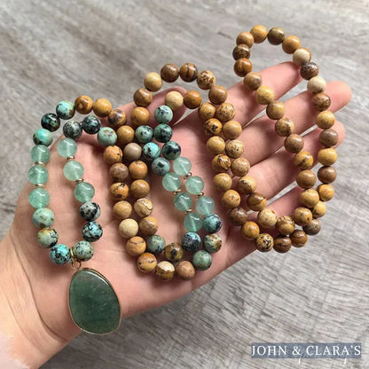108 Natural Picture Jasper Green Quartz & African Turquoise Mala Bead Necklace