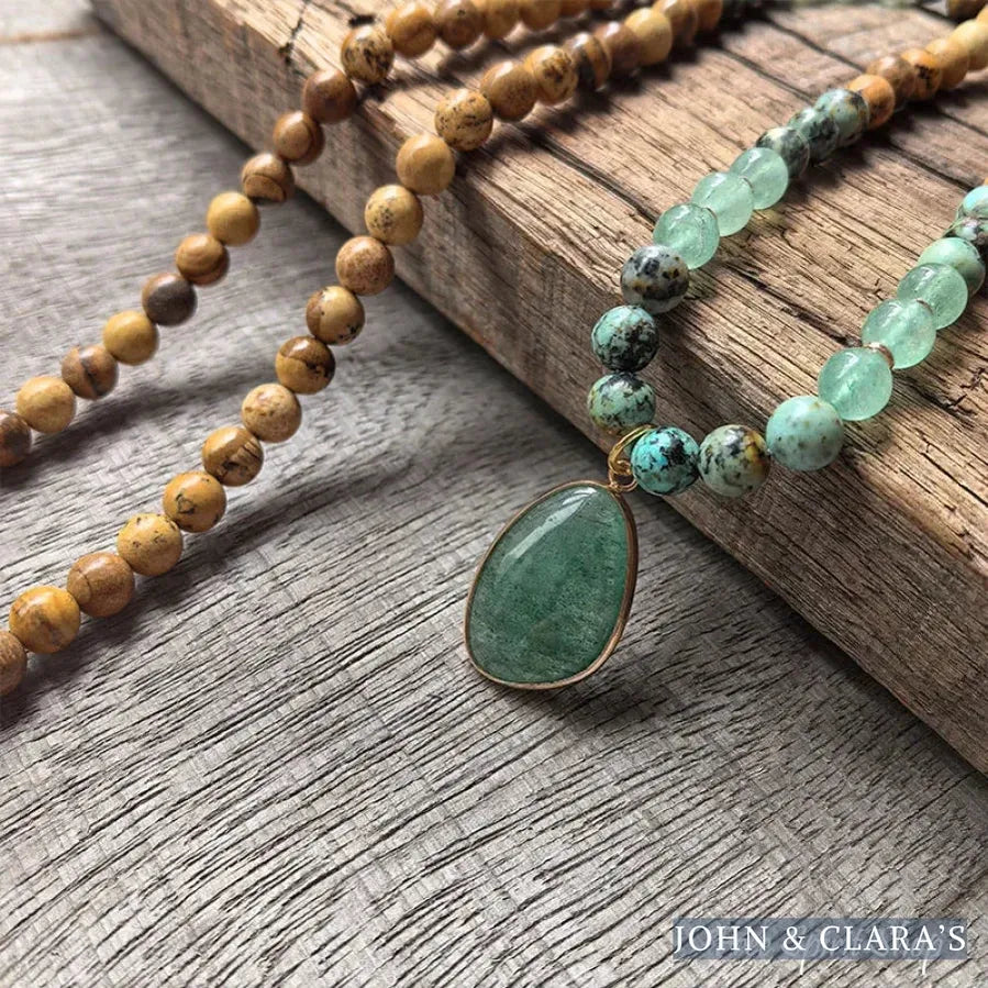 108 Natural Picture Jasper Green Quartz & African Turquoise Mala Bead Necklace
