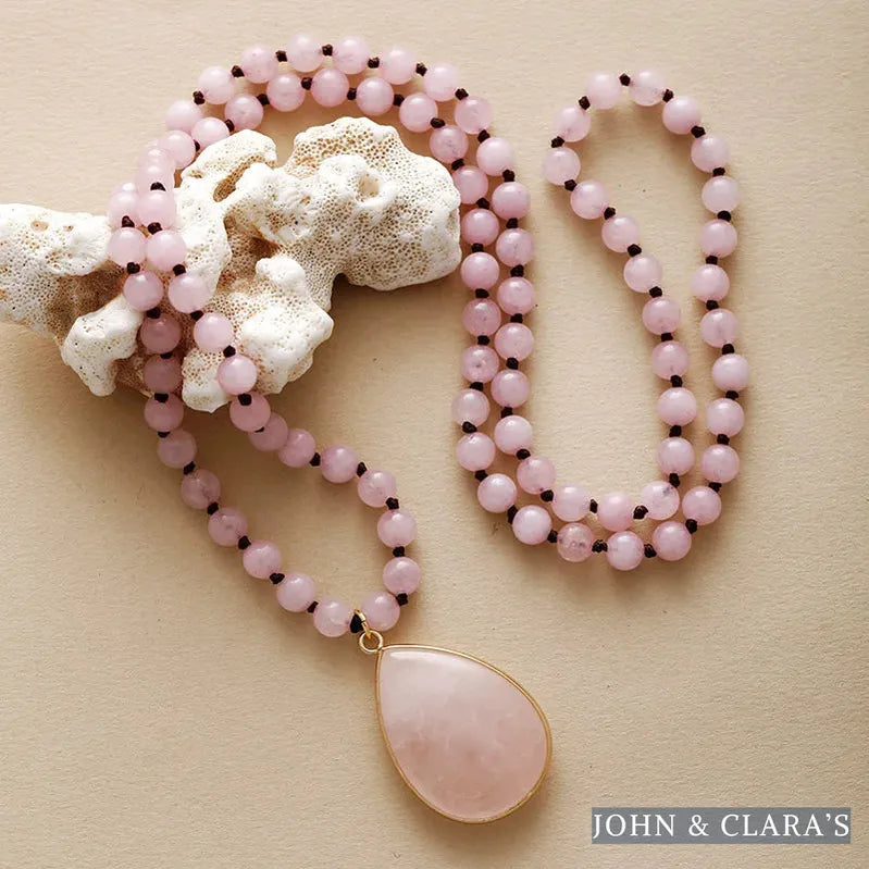 108 Natural Rose Quartz Mala Bead Necklace With Teardrop Pendant