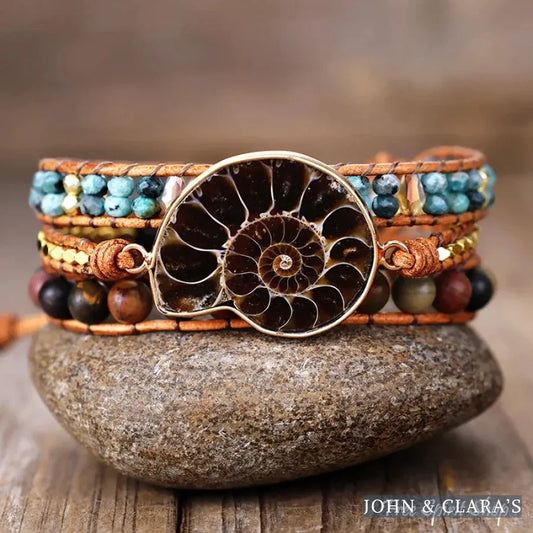 Natural Ammonite Fossil Jasper & African Turquoise Wrap Bracelet
