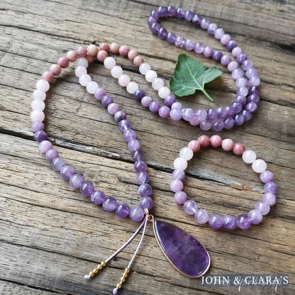 108 Natural Amethyst Rose Quartz & Rhodonite Mala Bead Necklace