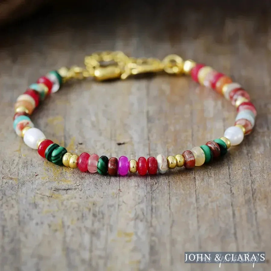 Mixed Multi-Color Natural Stone Bead & Pearl Bracelet