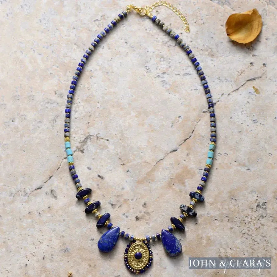 Handmade Lapis Lazuli & Blue Jasper Sun Pendant Necklace