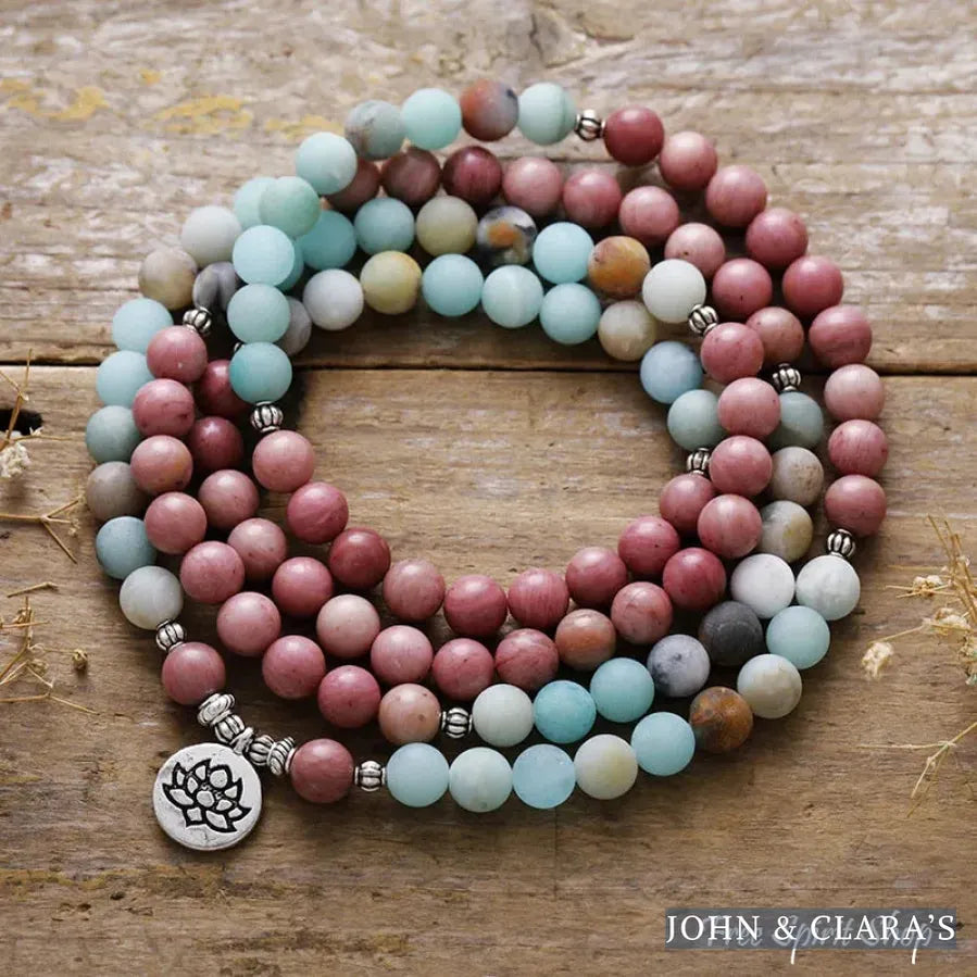Natural Amazonite & Rhodonite 108 Bead Mala Bracelet