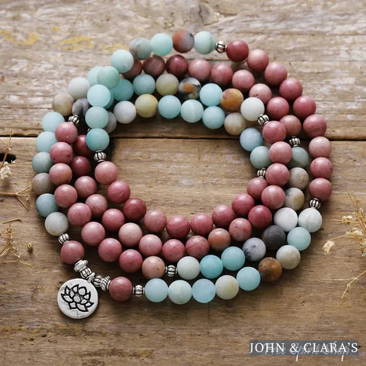 Natural Amazonite & Rhodonite 108 Bead Mala Bracelet